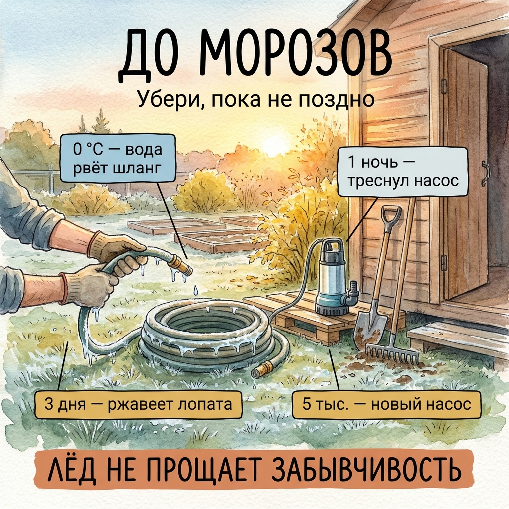 Что убрать с участка до морозов: шланги, насосы, инструмент