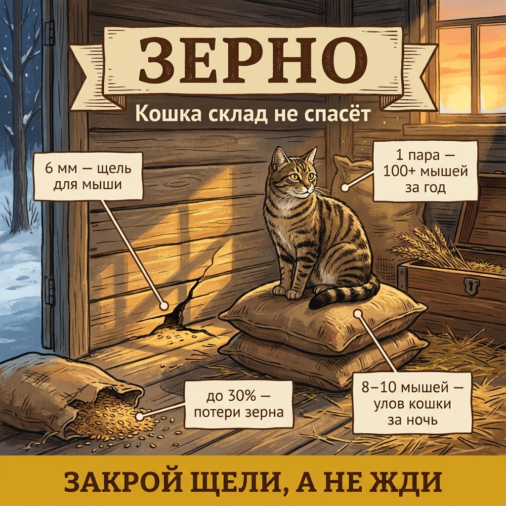 Кошка ловит мышей: почему это не заменяет защиту зернового склада